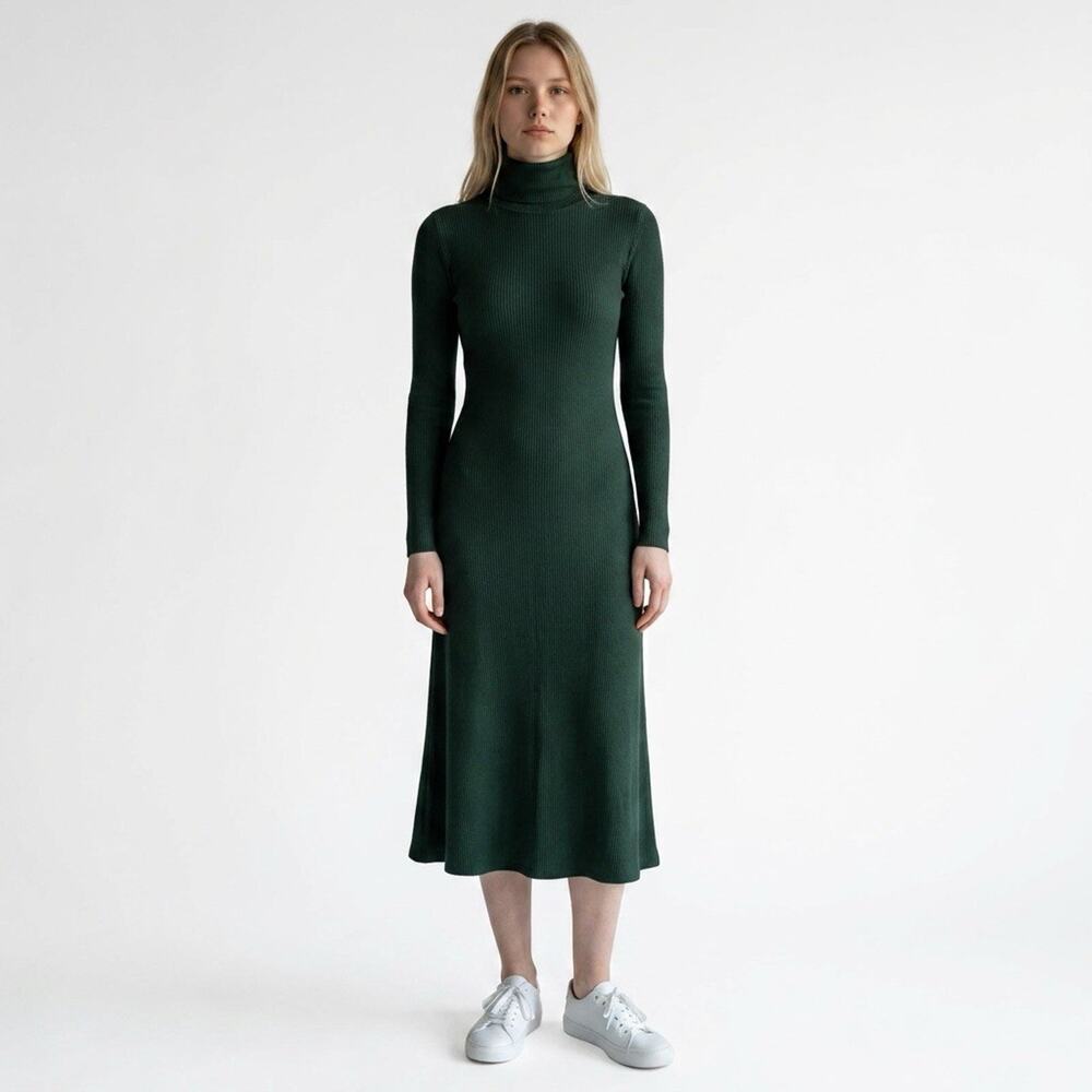 NWT OGL Maxwarm Turtleneck Midi Dress Long Sleeve A-Line Fleece Forest Green XS